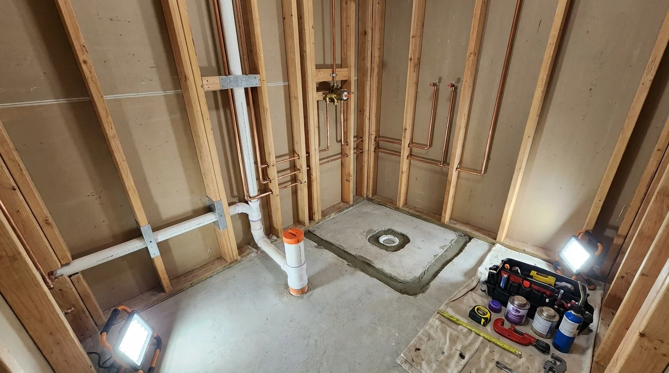 Bathroom rough-in plumbing during remodel by Johns Plumbing LLC in Lake Katrine