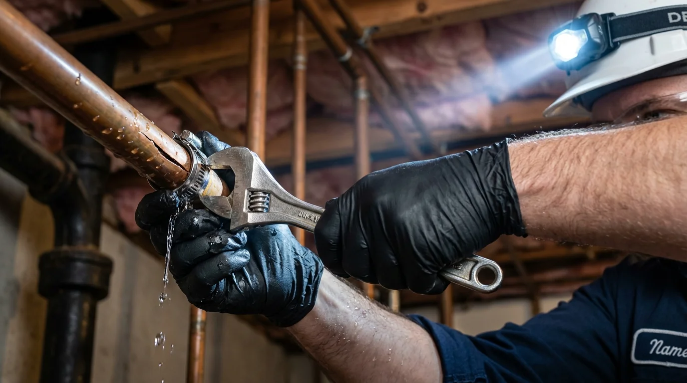 Emergency pipe clamp repair being performed by a Johns Plumbing LLC plumber in Lake Katrine