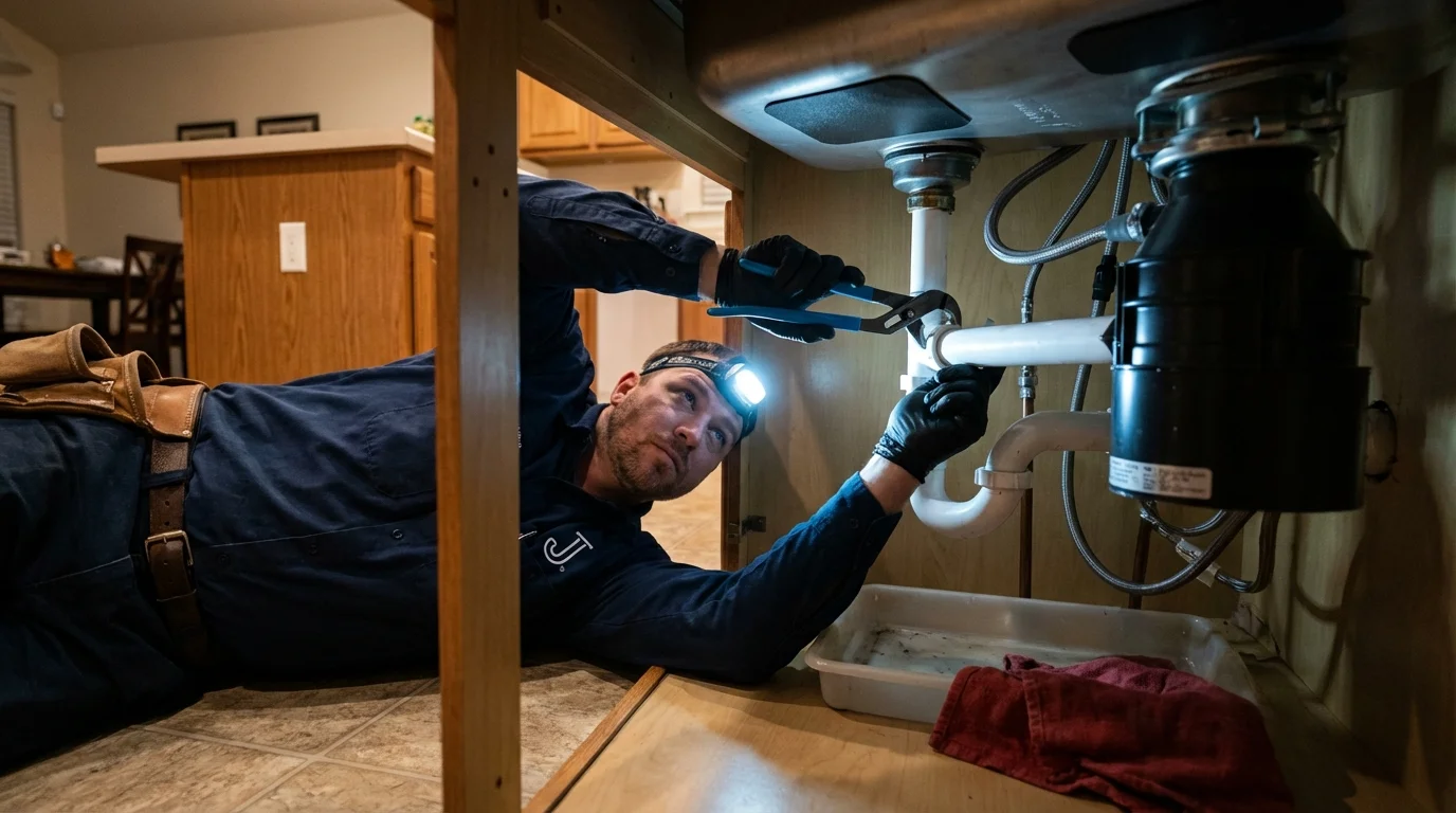 P-trap and supply line connections under a kitchen sink showing a common leak point in Lake Katrine, NY